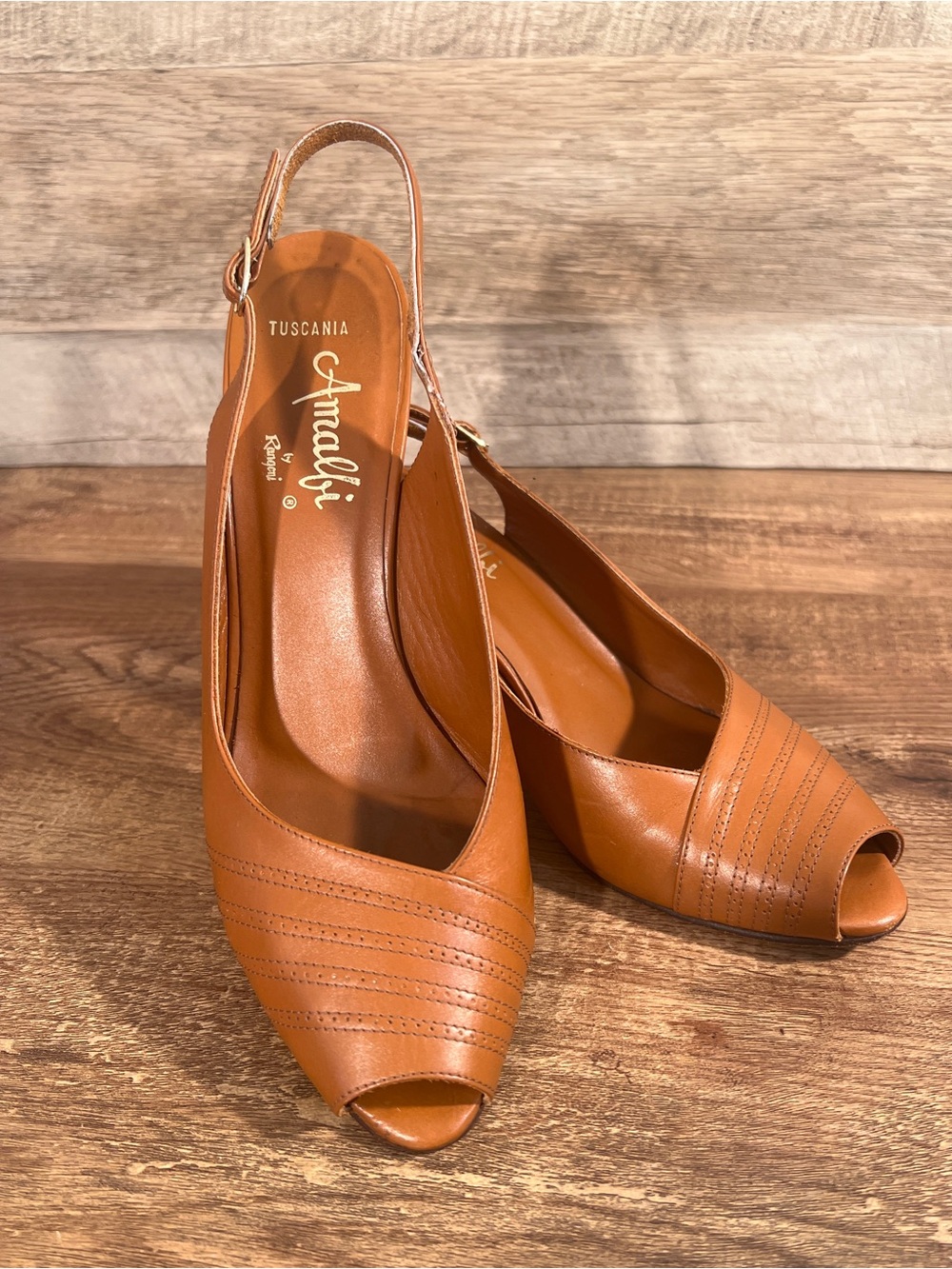 Amalfi by Rangoni Cognac Brown Leather Slingback Peep-Toe Heels Vintage Size 9AA